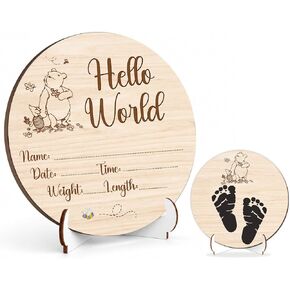 Winnie Baby Wooden Newborn Birth Sign, Winnie Hello World Newborn Signs, Pooh Double Sided Hello World for New Mom Babies Decor, Babies Name Plaques Photography Prop, Pooh Baby Announcement Sign in Kuwait