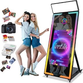 Mirror Photo Booth with Camera and Printer,65-32in Mirror Photo Booth with Touch Screen Built-in Mini PC,RBG Light,Instant Print and Sharing for Party(White) in Saudi Arabia