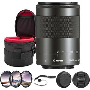Canon EF-M 55-200mm f/4.5-6.3 هي حزمة عدسات STM | تكبير تليفوتوغرافي صغير الحجم APS-C مع تثبيت بصري للصورة وتركيز تلقائي سلس STM | رائعة للحياة البرية والرياضة (9517B002) + مجموعة الفلتر + المزيد in Kuwait