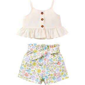 Kucnuzki Toddler Baby Girl Clothes Summer Outfits Ruffle Sleeveless Linen Shirt Kid Short Set for Girl in Saudi Arabia