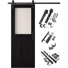 Black 42x80 Half Lite Frosted Glass Design Finished Unassembled Solid Wood Sliding Barn Door Only with 7.5ft Long Single Door Non-Bypass Hardware Kit (Interior Use Only) in Saudi Arabia