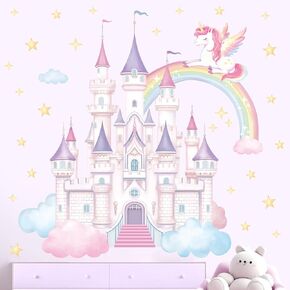 SHUCHING Castle Wall Decal Peel and Stick, Vinyl Unicorn and Rainbow Wall Sticker, Wall Decor for Girls Bedroom Nursery Playroom in Kuwait