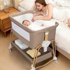 suihuooo 4-in-1 Baby Bassinet, Portable Bassinet Bedside Sleeper with Wheels and Storage Basket, 7 Height Adjustable Breathable Mesh Rocking Bassinet with Mosquito Net for Newborn-Khaki Brown in Kuwait