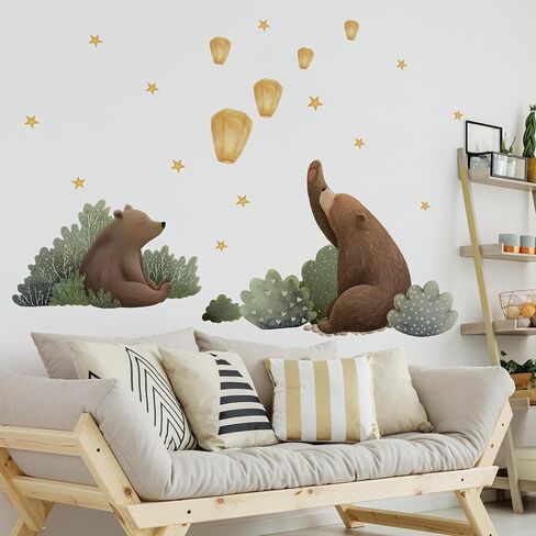 Animal Bear Moon Stars Wall Decal,Removable Cute Animal Bear Wall Sticker for Nursery Kid Baby Bedroom Living Room Playing Room Murals in Kuwait