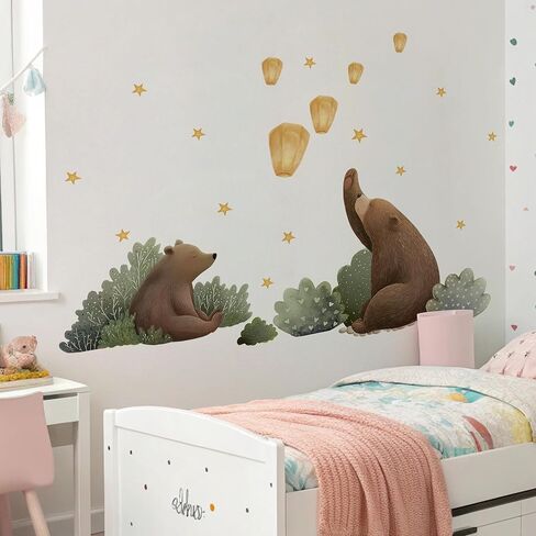 Animal Bear Moon Stars Wall Decal,Removable Cute Animal Bear Wall Sticker for Nursery Kid Baby Bedroom Living Room Playing Room Murals in Kuwait
