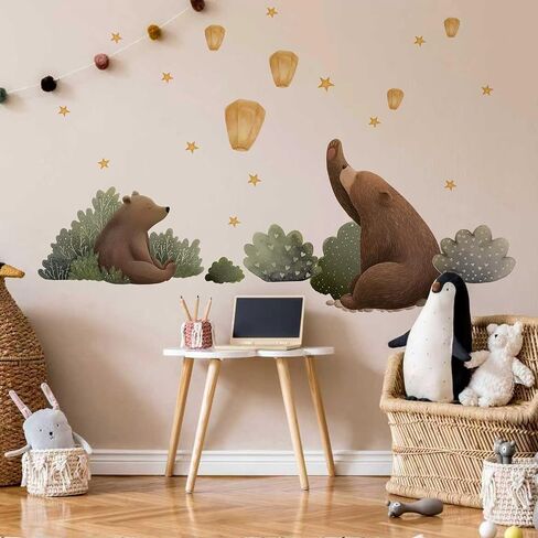 Animal Bear Moon Stars Wall Decal,Removable Cute Animal Bear Wall Sticker for Nursery Kid Baby Bedroom Living Room Playing Room Murals in Kuwait