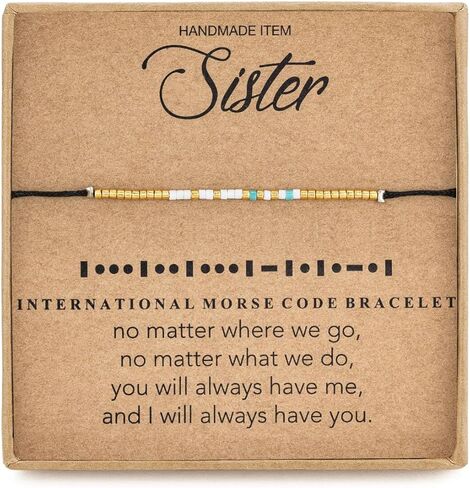 سوار خرز من RareLove مطبوع عليه عبارة Sister Morse Code لهدايا عيد ميلاد الأخت من الأخت مسافات طويلة صداقة مقاومة للماء ذهبي أزرق أبيض صغير الخرز الأسود in Kuwait