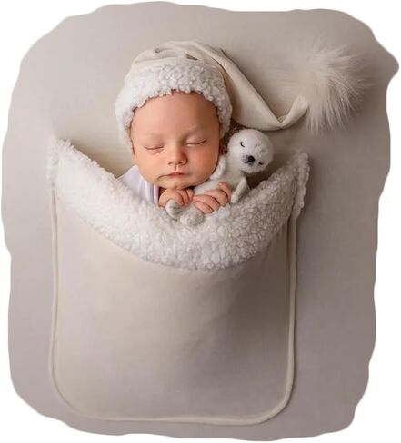 Zeroest Newborn Photography Blanket with Pocket & Sleepy Hat - Newborn Photoshoot Props - Boys & Girls Posing Stretch Fabric Beanbag Cover 47.2" x 39.3" (Beige) in Saudi Arabia