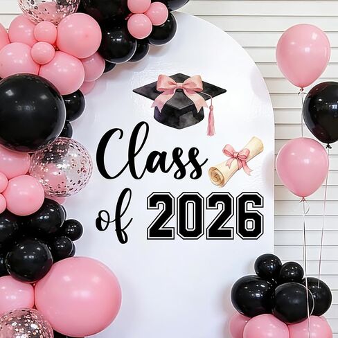 القوس الوردي زينة التخرج 2026 فئة من 2026 علامة لاصقة القوس تحت عنوان حفلة التخرج في المدرسة الثانوية طوق من البالونات خلفية تسجيل in Kuwait