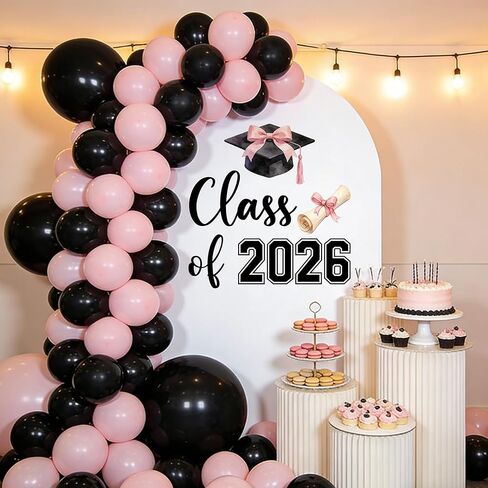 القوس الوردي زينة التخرج 2026 فئة من 2026 علامة لاصقة القوس تحت عنوان حفلة التخرج في المدرسة الثانوية طوق من البالونات خلفية تسجيل in Kuwait