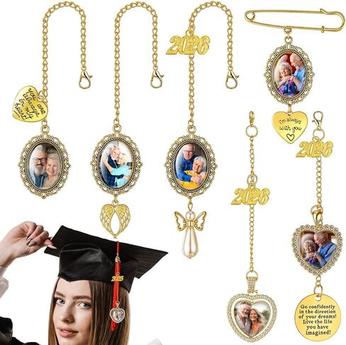 Spakon 6 Pcs Graduation Cap Photo Charm Personalized Graduation Cap Decorations Memorial DIY Tassel Present for Grad Cap Picture Charm Cap Topper Class of 2025 Gown Ceremony(Golden) in Saudi Arabia