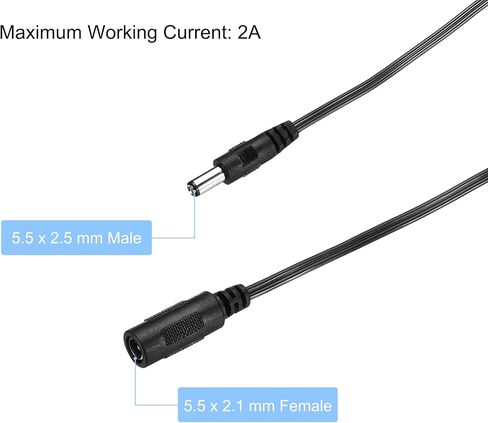 Generic كابل تمديد DC 5.5x2.1mm أنثى إلى 5.5x2.5mm ذكر سلك تمديد الطاقة سلك توصيل لشريط LED لكاميرا CCTV، حزمة سوداء من 2 in Kuwait