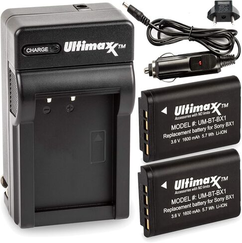 شاحن Ultimaxx AC/DC سريع للمنزل والسفر مع بطارية 2X BX1 ممتدة العمر (1600 مللي أمبير في الساعة) لـ Cyber-Shot DSC-HX95، HX99، HX350، RX1، RX1R II، RX100 (II/III/IV/V/VA/VI/VII)، HDR-AS50، AS300، ZV-1 والمزيد in Kuwait