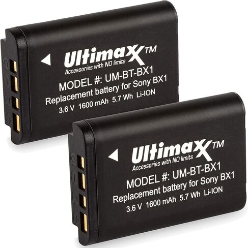 شاحن Ultimaxx AC/DC سريع للمنزل والسفر مع بطارية 2X BX1 ممتدة العمر (1600 مللي أمبير في الساعة) لـ Cyber-Shot DSC-HX95، HX99، HX350، RX1، RX1R II، RX100 (II/III/IV/V/VA/VI/VII)، HDR-AS50، AS300، ZV-1 والمزيد in Kuwait