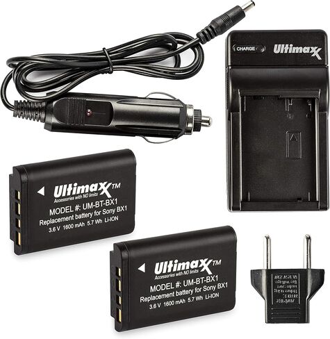 شاحن Ultimaxx AC/DC سريع للمنزل والسفر مع بطارية 2X BX1 ممتدة العمر (1600 مللي أمبير في الساعة) لـ Cyber-Shot DSC-HX95، HX99، HX350، RX1، RX1R II، RX100 (II/III/IV/V/VA/VI/VII)، HDR-AS50، AS300، ZV-1 والمزيد in Kuwait