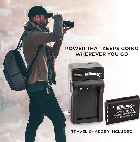 شاحن Ultimaxx AC/DC سريع للمنزل والسفر مع بطارية 2X BX1 ممتدة العمر (1600 مللي أمبير في الساعة) لـ Cyber-Shot DSC-HX95، HX99، HX350، RX1، RX1R II، RX100 (II/III/IV/V/VA/VI/VII)، HDR-AS50، AS300، ZV-1 والمزيد in Kuwait