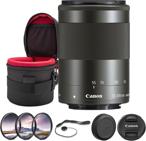 Canon EF-M 55-200mm f/4.5-6.3 هي حزمة عدسات STM | تكبير تليفوتوغرافي صغير الحجم APS-C مع تثبيت بصري للصورة وتركيز تلقائي سلس STM | رائعة للحياة البرية والرياضة (9517B002) + مجموعة الفلتر + المزيد in Kuwait