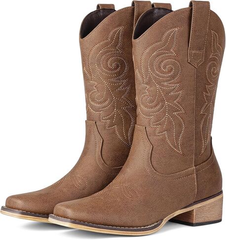 Pasuot Western Cowboy Boots for Women - Square Toe Mid Calf Cowgirl Boots, Low Chunky Heel Country Boot with Classic Retro Embroidery Pull On for Ladies Rodeo Festival Concert Daily Outfits in Saudi Arabia