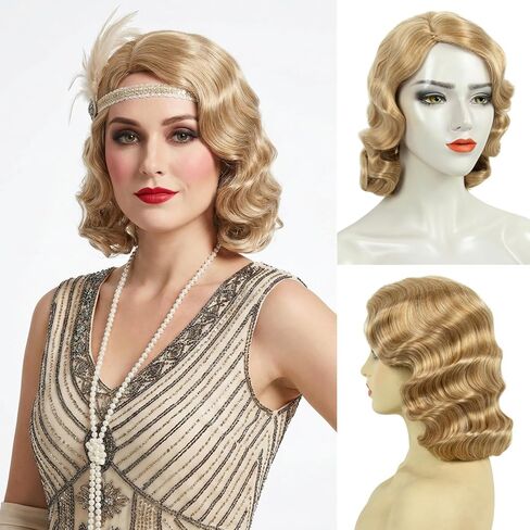 STfantasy Finger Wave Wig 1920s Retro Mid Length Long Curly Synthetic Hair for Women Cosplay Halloween Party Costume (Dark Brown) in Saudi Arabia