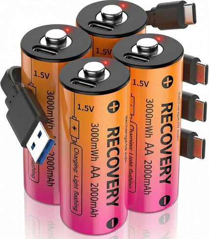 بطاريات AA قابلة لإعادة الشحن USB C، 4 بطاريات ليثيوم مزدوجة 1.5 فولت، وقت شحن لمدة ساعة واحدة، 1200 دورة شحن، قدرة عالية 3000 مللي واط في الساعة للكاميرات الوامضة، الألعاب، المصباح اليدوي in Kuwait