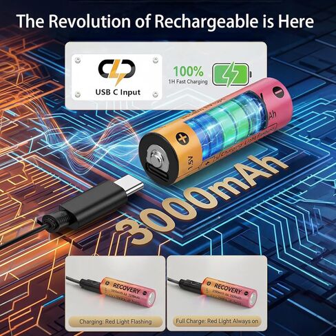 بطاريات AA قابلة لإعادة الشحن USB C، 4 بطاريات ليثيوم مزدوجة 1.5 فولت، وقت شحن لمدة ساعة واحدة، 1200 دورة شحن، قدرة عالية 3000 مللي واط في الساعة للكاميرات الوامضة، الألعاب، المصباح اليدوي in Kuwait