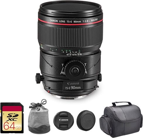 Canon TS-E 90mm f/2.8L Macro Tilt-Shift Lens | L-Series Prime with Perspective Control & Close-Focus Macro | Perfect for Architecture & Studio Photography (2274C002) + Shoulder Bag + 64GB Card in Kuwait
