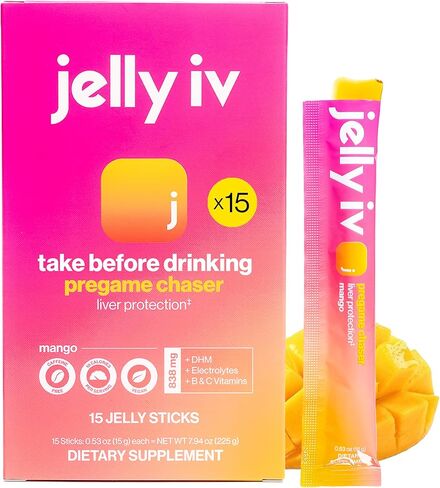 عصا ملحق الإغاثة السريع صباحًا بواسطة Jelly IV - الشوارد الطبيعية واستعادة دعم الكبد - الحد من غثيان DHM - B فيتامينات - عصي الهلام ذات النكهة النباتية - 15 حزمة in Kuwait