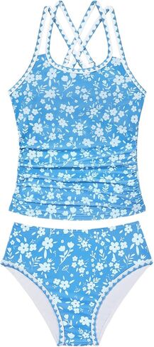 Century Star Girls Tankini Swimsuit with Contrast Trim & Cross Back Straps, Two Piece Bathing Suit UPF 50+ for Teens in Saudi Arabia