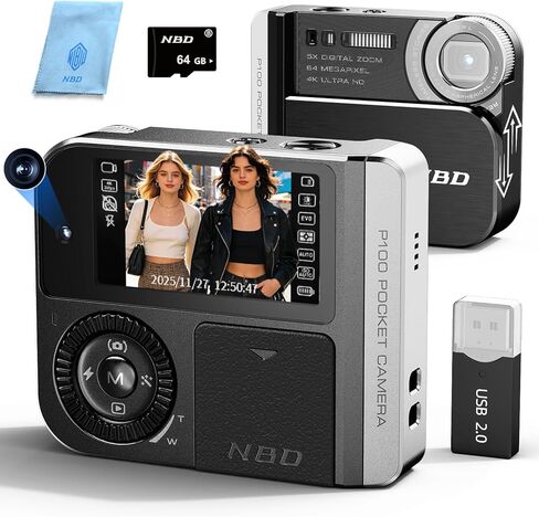 64MP&4K Digital Camera for Photography,Pocket Camera,Swipe to Power On,5X Digital Zoom,Dual Screen for Self-Framing,Auto Focus,21 Filters,USB Charging,64GB TF Card (Black) in Saudi Arabia