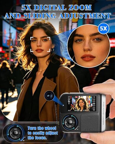 64MP&4K Digital Camera for Photography,Pocket Camera,Swipe to Power On,5X Digital Zoom,Dual Screen for Self-Framing,Auto Focus,21 Filters,USB Charging,64GB TF Card (Black) in Saudi Arabia