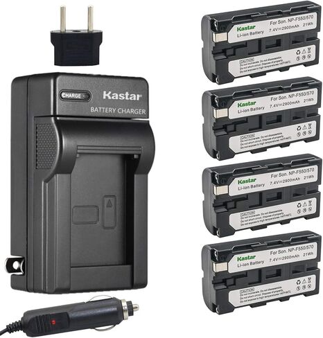 بطارية Kastar NP-F570 (4 عبوات) ومجموعة شاحن لسوني L Series InfoLithium Battery NP-F570، NP-F550، NP-F530، NP-F330 وSony DCRVX2100 HDRFX1 HD1000U HVRZ1U HXR-NX5U NEX-FS100 LCD أضواء فلاش in Kuwait
