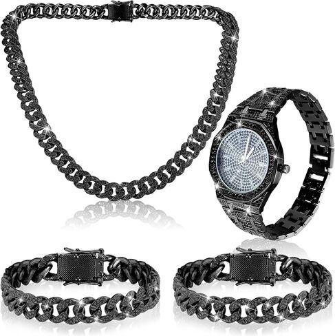 4 Pcs Hip Hop Jewelry Set Cuban Link Chains Bling Rhinestone Watch for Man Artificial Diamond Necklace Bracelet Watch in Kuwait
