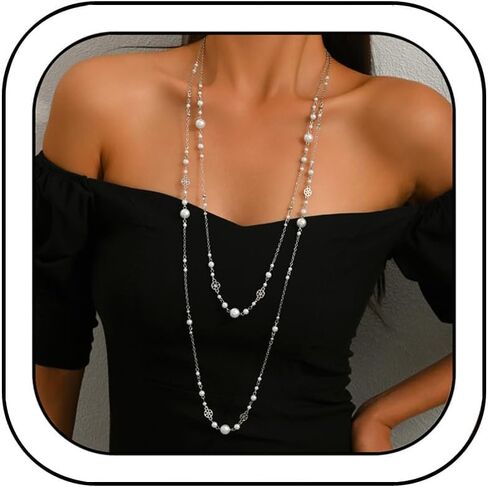 Long Pearl Necklaces for Women Trendy Layered Pearl Statement Necklace Dainty Long Chain Necklace Sweater Strand Chain Jewelry Gift in Saudi Arabia