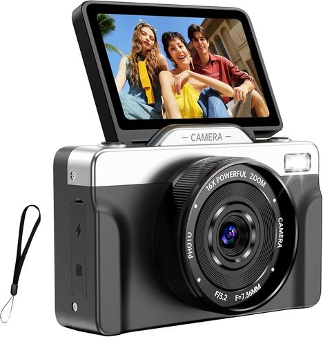 كاميرات رقمية بدقة 4K للتصوير الفوتوغرافي، كاميرا تسجيل فيديو ذاتية التكبير 64 ميجابكسل 16X لليوتيوب مع شاشة قلاب 180 درجة، كاميرا تصوير مدمجة للسفر للمراهقين المبتدئين (أسود) in Kuwait