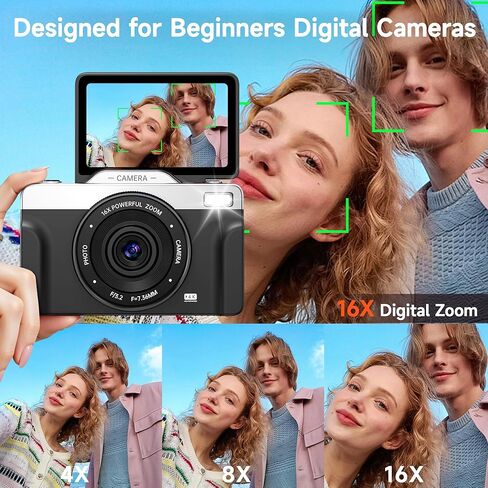 كاميرات رقمية بدقة 4K للتصوير الفوتوغرافي، كاميرا تسجيل فيديو ذاتية التكبير 64 ميجابكسل 16X لليوتيوب مع شاشة قلاب 180 درجة، كاميرا تصوير مدمجة للسفر للمراهقين المبتدئين (أسود) in Kuwait