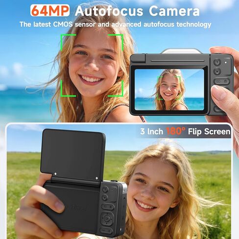 كاميرات رقمية بدقة 4K للتصوير الفوتوغرافي، كاميرا تسجيل فيديو ذاتية التكبير 64 ميجابكسل 16X لليوتيوب مع شاشة قلاب 180 درجة، كاميرا تصوير مدمجة للسفر للمراهقين المبتدئين (أسود) in Kuwait