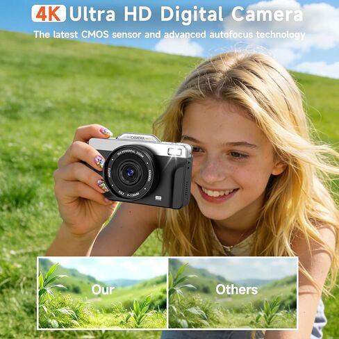 كاميرات رقمية بدقة 4K للتصوير الفوتوغرافي، كاميرا تسجيل فيديو ذاتية التكبير 64 ميجابكسل 16X لليوتيوب مع شاشة قلاب 180 درجة، كاميرا تصوير مدمجة للسفر للمراهقين المبتدئين (أسود) in Kuwait
