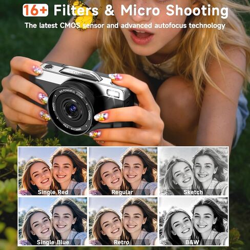 كاميرات رقمية بدقة 4K للتصوير الفوتوغرافي، كاميرا تسجيل فيديو ذاتية التكبير 64 ميجابكسل 16X لليوتيوب مع شاشة قلاب 180 درجة، كاميرا تصوير مدمجة للسفر للمراهقين المبتدئين (أسود) in Kuwait