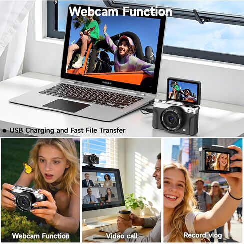 كاميرات رقمية بدقة 4K للتصوير الفوتوغرافي، كاميرا تسجيل فيديو ذاتية التكبير 64 ميجابكسل 16X لليوتيوب مع شاشة قلاب 180 درجة، كاميرا تصوير مدمجة للسفر للمراهقين المبتدئين (أسود) in Kuwait