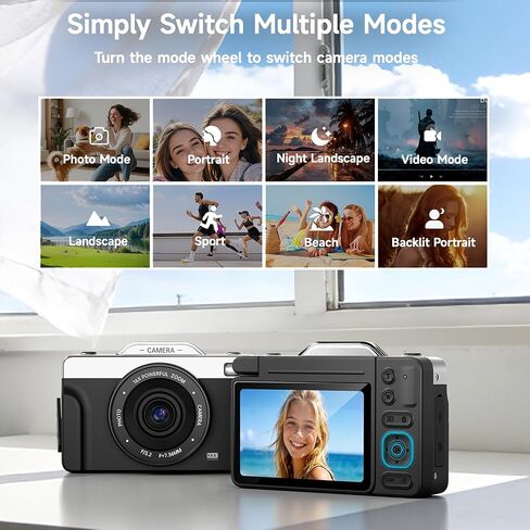 كاميرات رقمية بدقة 4K للتصوير الفوتوغرافي، كاميرا تسجيل فيديو ذاتية التكبير 64 ميجابكسل 16X لليوتيوب مع شاشة قلاب 180 درجة، كاميرا تصوير مدمجة للسفر للمراهقين المبتدئين (أسود) in Kuwait
