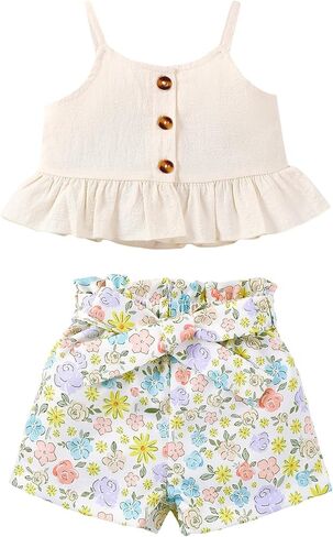 Kucnuzki Toddler Baby Girl Clothes Summer Outfits Ruffle Sleeveless Linen Shirt Kid Short Set for Girl in Kuwait