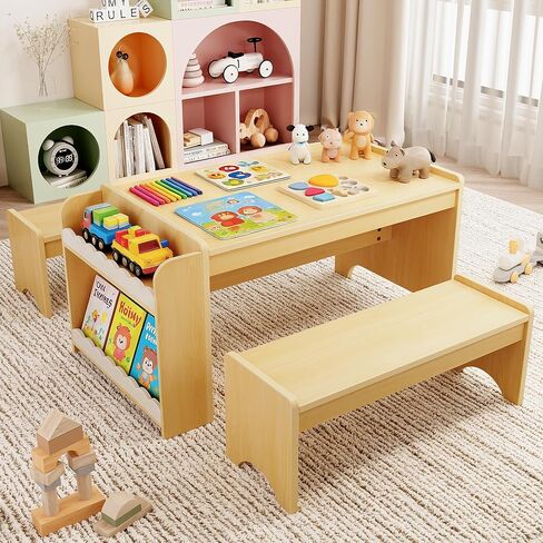 مجموعة طاولة ومقاعد للأطفال من Xilingol Montessori، مجموعة طاولات وكراسي للأطفال، طاولات حرفية داخلية للأطفال مع مساحة تخزين، مكتب للأطفال الصغار للمنزل والفصول الدراسية والأولاد والبنات (طبيعي) in Kuwait