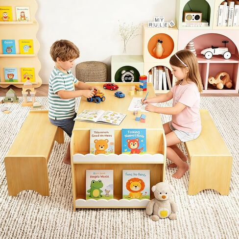 مجموعة طاولة ومقاعد للأطفال من Xilingol Montessori، مجموعة طاولات وكراسي للأطفال، طاولات حرفية داخلية للأطفال مع مساحة تخزين، مكتب للأطفال الصغار للمنزل والفصول الدراسية والأولاد والبنات (طبيعي) in Kuwait