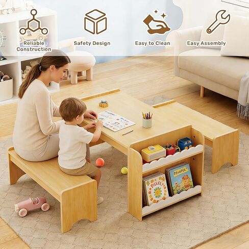 مجموعة طاولة ومقاعد للأطفال من Xilingol Montessori، مجموعة طاولات وكراسي للأطفال، طاولات حرفية داخلية للأطفال مع مساحة تخزين، مكتب للأطفال الصغار للمنزل والفصول الدراسية والأولاد والبنات (طبيعي) in Kuwait