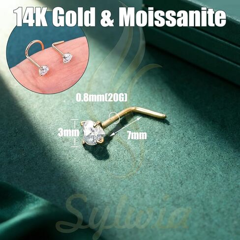 SYLWIA 14K Gold Nose Ring with Heart Moissanite - Hypoallergenic Screw/L-Shape Nose Stud, 20G Solid Gold Nose Piercing Jewelry for Men & Women in Saudi Arabia
