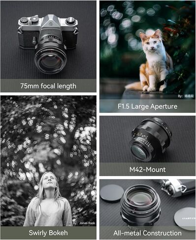 عدسة TTArtisan 75 مم F1.5 بإطار كامل Swirly Bokeh Magic ذات فتحة كبيرة لكاميرا M42 Mount باللون الأسود in Kuwait