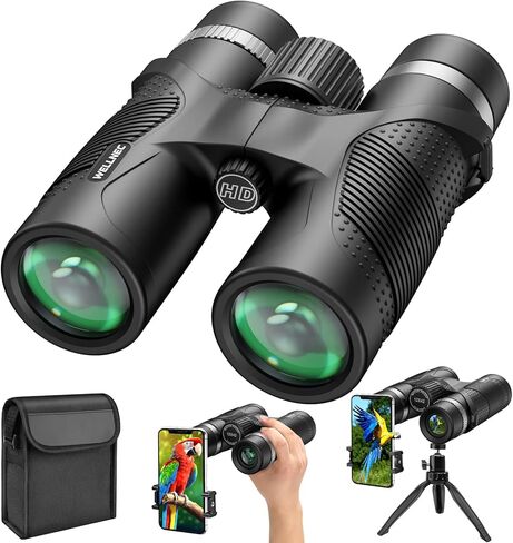 مناظير للبالغين لصيد الطيور - مناظير WELLNEC 12x42 HD 367/1000yds عالية الطاقة مع مناظير BaK4 Prisms Pro Birding Birding للصيد، ومحول الهاتف، وحامل ثلاثي القوائم in Kuwait