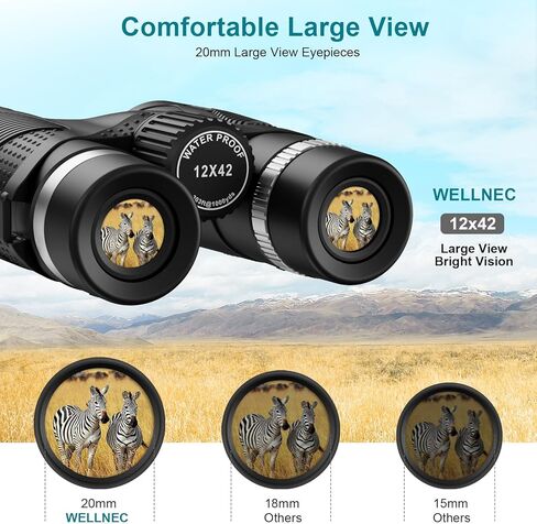 مناظير للبالغين لصيد الطيور - مناظير WELLNEC 12x42 HD 367/1000yds عالية الطاقة مع مناظير BaK4 Prisms Pro Birding Birding للصيد، ومحول الهاتف، وحامل ثلاثي القوائم in Kuwait