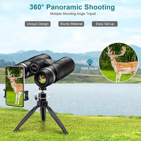 مناظير للبالغين لصيد الطيور - مناظير WELLNEC 12x42 HD 367/1000yds عالية الطاقة مع مناظير BaK4 Prisms Pro Birding Birding للصيد، ومحول الهاتف، وحامل ثلاثي القوائم in Kuwait