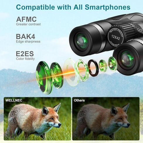 مناظير للبالغين لصيد الطيور - مناظير WELLNEC 12x42 HD 367/1000yds عالية الطاقة مع مناظير BaK4 Prisms Pro Birding Birding للصيد، ومحول الهاتف، وحامل ثلاثي القوائم in Kuwait